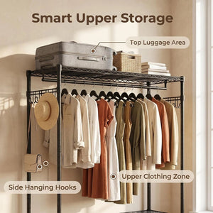 English Elm Rolling Garment Rack Heavy Duty Carbon Steel with Wire Shelves and Dual Hanging Rods W3204P504601