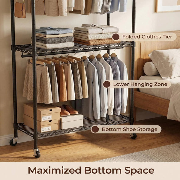 English Elm Rolling Garment Rack Heavy Duty Carbon Steel with Wire Shelves and Dual Hanging Rods W3204P504601