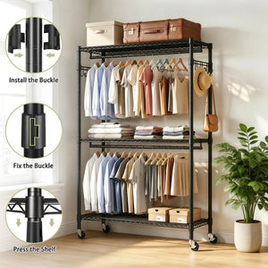 English Elm Rolling Garment Rack Heavy Duty Carbon Steel with Wire Shelves and Dual Hanging Rods W3204P504601