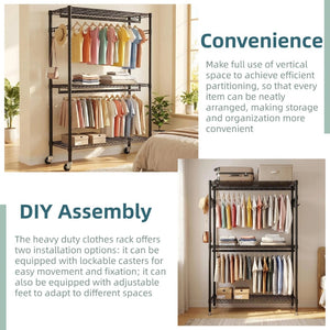 English Elm Rolling Garment Rack Heavy Duty Carbon Steel with Wire Shelves and Dual Hanging Rods W3204P504601