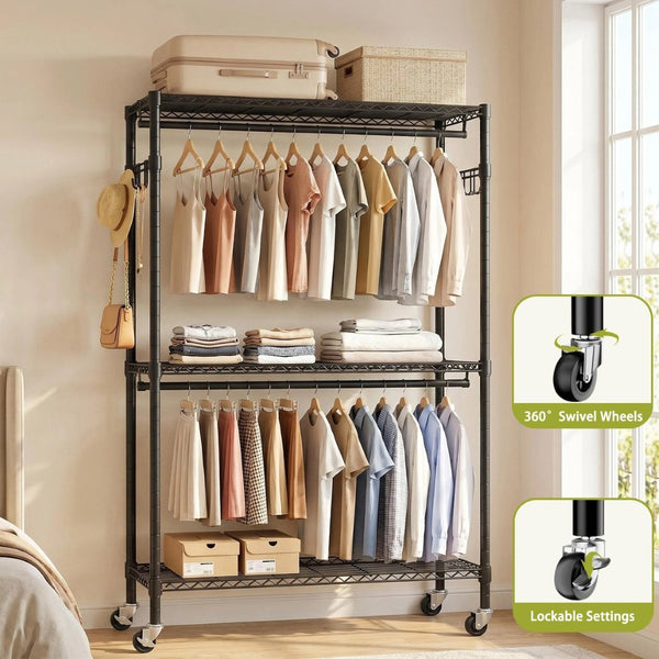 English Elm Rolling Garment Rack Heavy Duty Carbon Steel with Wire Shelves and Dual Hanging Rods W3204P504601