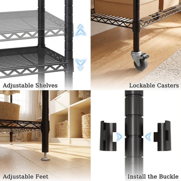 English Elm Rolling Garment Rack Heavy Duty Carbon Steel with Wire Shelves and Dual Hanging Rods W3204P504601