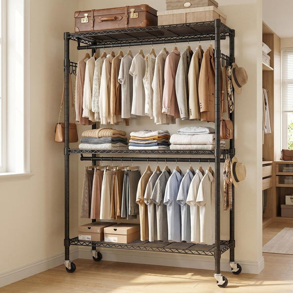 English Elm Rolling Garment Rack Heavy Duty Carbon Steel with Wire Shelves and Dual Hanging Rods W3204P504601