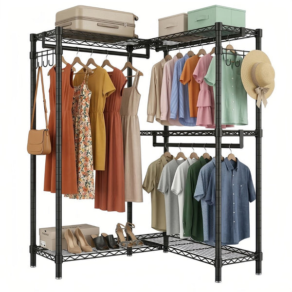 English Elm Garment Rack L Shaped Carbon Steel Corner Organizer with Three Rods and Mesh Shelves W3204P504602