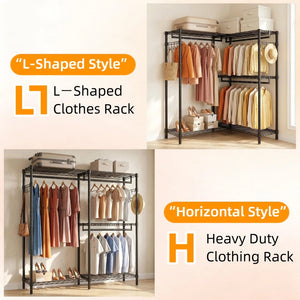 English Elm Garment Rack L Shaped Carbon Steel Corner Organizer with Three Rods and Mesh Shelves W3204P504602