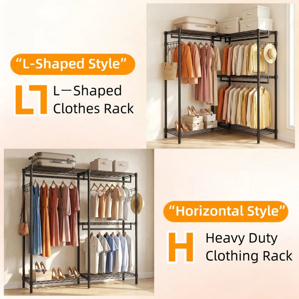 English Elm Garment Rack L Shaped Carbon Steel Corner Organizer with Three Rods and Mesh Shelves W3204P504602