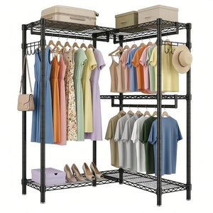 English Elm Garment Rack L Shaped Carbon Steel Corner Organizer with Three Rods and Mesh Shelves W3204P504602