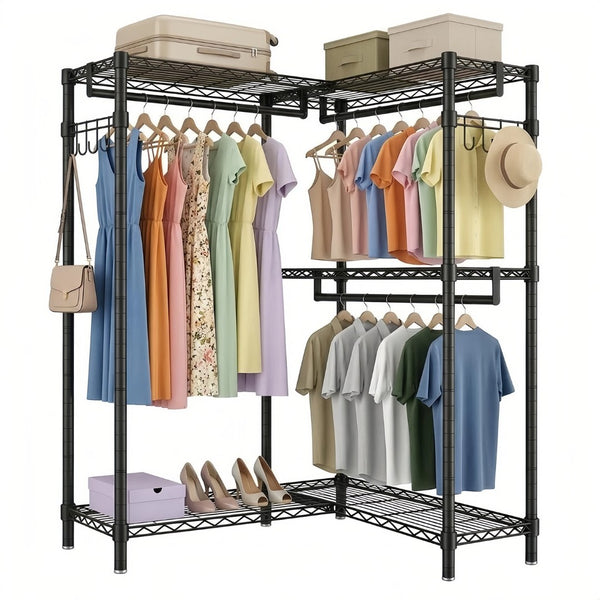 English Elm Garment Rack L Shaped Carbon Steel Corner Organizer with Three Rods and Mesh Shelves W3204P504602