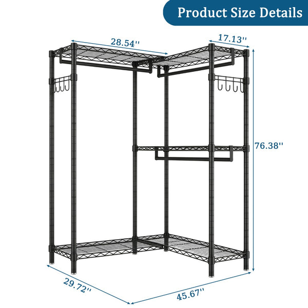 English Elm Garment Rack L Shaped Carbon Steel Corner Organizer with Three Rods and Mesh Shelves W3204P504602