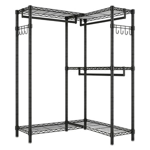 English Elm Garment Rack L Shaped Carbon Steel Corner Organizer with Three Rods and Mesh Shelves W3204P504602