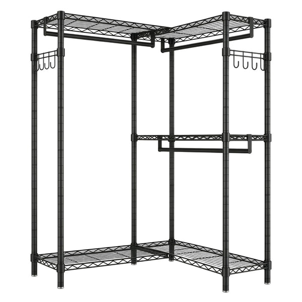 English Elm Garment Rack L Shaped Carbon Steel Corner Organizer with Three Rods and Mesh Shelves W3204P504602