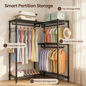 English Elm Garment Rack L Shaped Carbon Steel Corner Organizer with Three Rods and Mesh Shelves W3204P504602