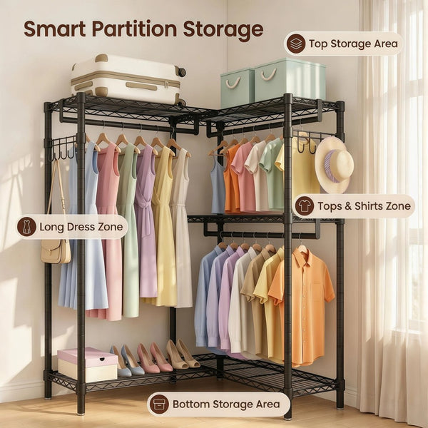 English Elm Garment Rack L Shaped Carbon Steel Corner Organizer with Three Rods and Mesh Shelves W3204P504602
