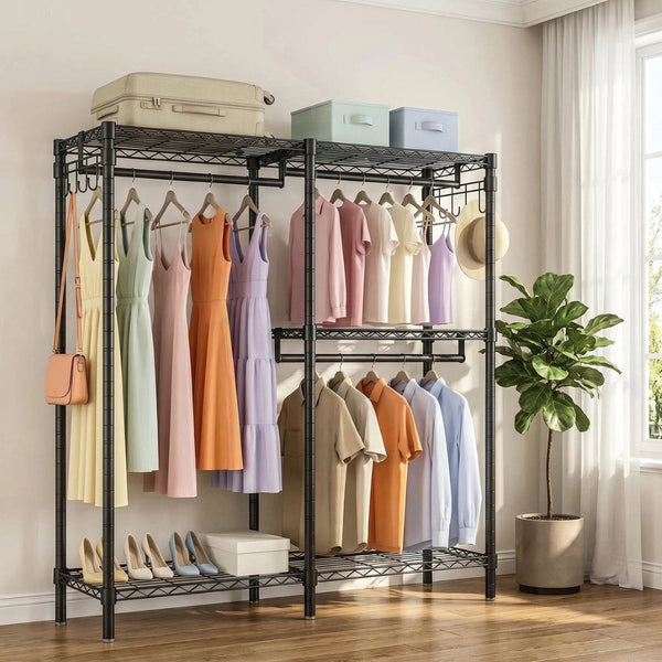 English Elm Garment Rack L Shaped Carbon Steel Corner Organizer with Three Rods and Mesh Shelves W3204P504602