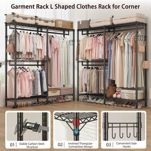 English Elm Garment Rack L Shaped Carbon Steel Corner Organizer with Three Rods and Mesh Shelves W3204P504602