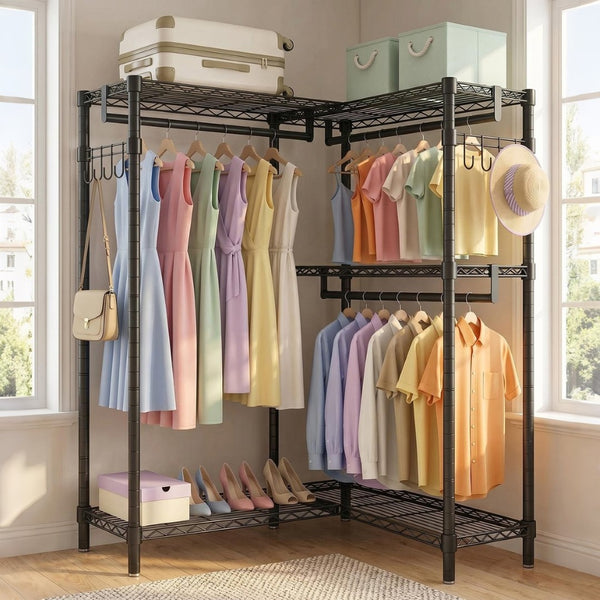 English Elm Garment Rack L Shaped Carbon Steel Corner Organizer with Three Rods and Mesh Shelves W3204P504602