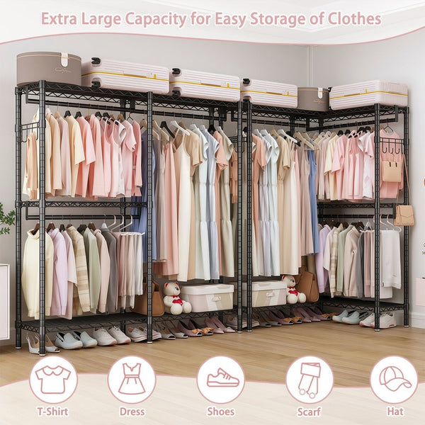 English Elm Garment Rack L Shaped Carbon Steel Corner Organizer with Three Rods and Mesh Shelves W3204P504602