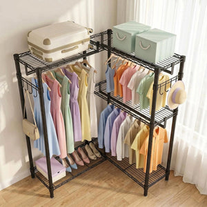 English Elm Garment Rack L Shaped Carbon Steel Corner Organizer with Three Rods and Mesh Shelves W3204P504602
