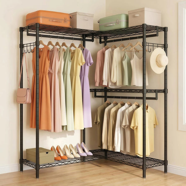 English Elm Garment Rack L Shaped Carbon Steel Corner Organizer with Three Rods and Mesh Shelves W3204P504602