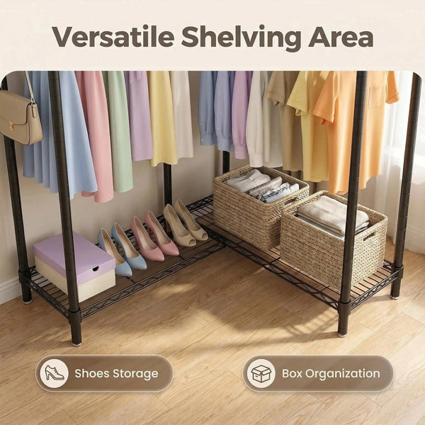 English Elm Garment Rack L Shaped Carbon Steel Corner Organizer with Three Rods and Mesh Shelves W3204P504602