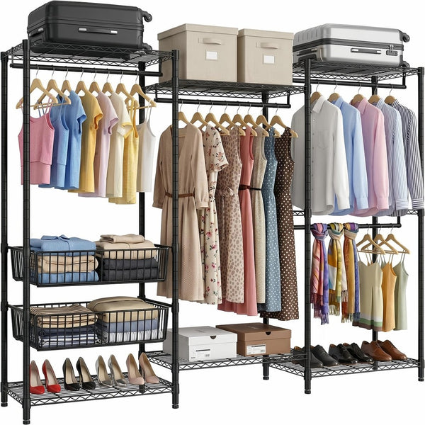 English Elm Heavy Carbon Steel Garment Rack with Four Rods Wire Baskets Open Wardrobe Storage W3204P504603