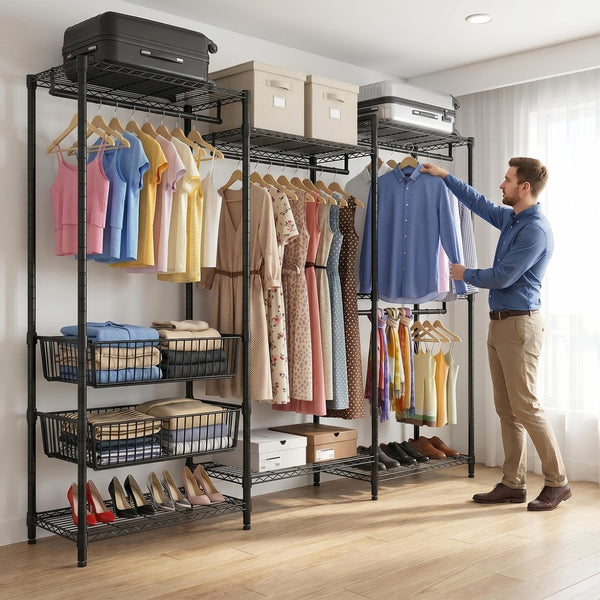 English Elm Heavy Carbon Steel Garment Rack with Four Rods Wire Baskets Open Wardrobe Storage W3204P504603