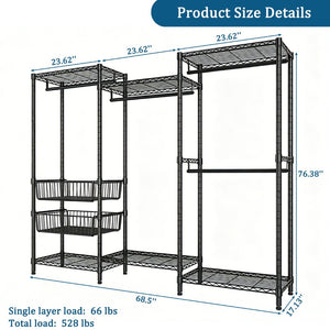 English Elm Heavy Carbon Steel Garment Rack with Four Rods Wire Baskets Open Wardrobe Storage W3204P504603