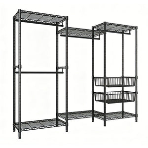 English Elm Heavy Carbon Steel Garment Rack with Four Rods Wire Baskets Open Wardrobe Storage W3204P504603
