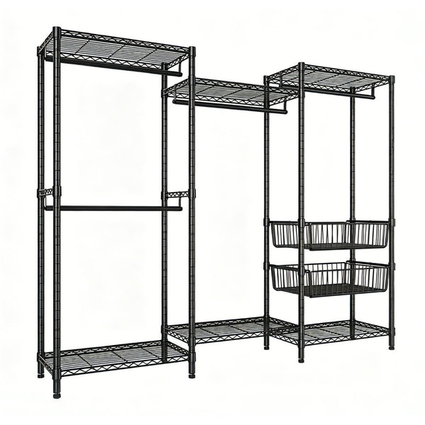 English Elm Heavy Carbon Steel Garment Rack with Four Rods Wire Baskets Open Wardrobe Storage W3204P504603