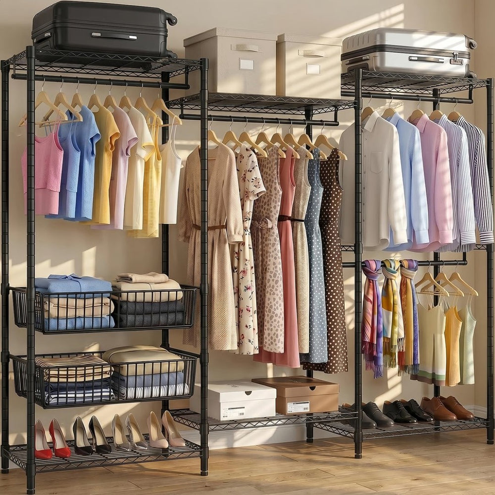 English Elm Heavy Carbon Steel Garment Rack with Four Rods Wire Baskets Open Wardrobe Storage W3204P504603
