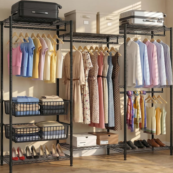 English Elm Heavy Carbon Steel Garment Rack with Four Rods Wire Baskets Open Wardrobe Storage W3204P504603