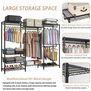 English Elm Heavy Carbon Steel Garment Rack with Four Rods Wire Baskets Open Wardrobe Storage W3204P504603