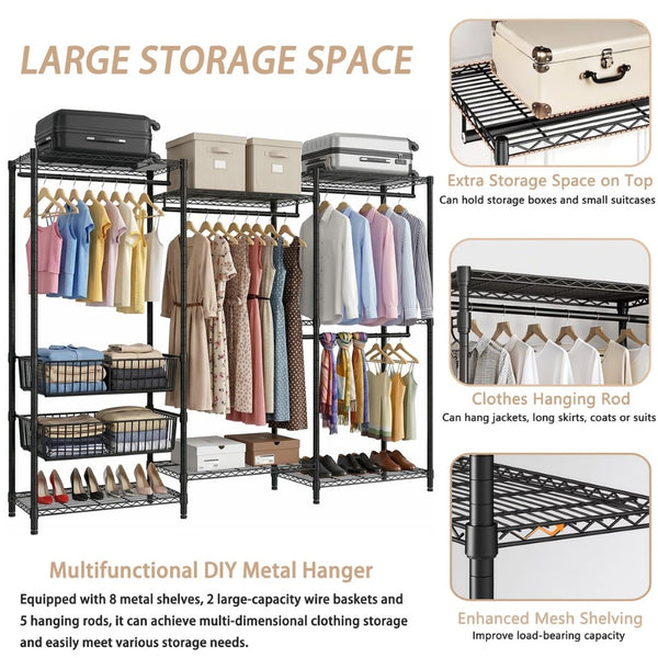 English Elm Heavy Carbon Steel Garment Rack with Four Rods Wire Baskets Open Wardrobe Storage W3204P504603