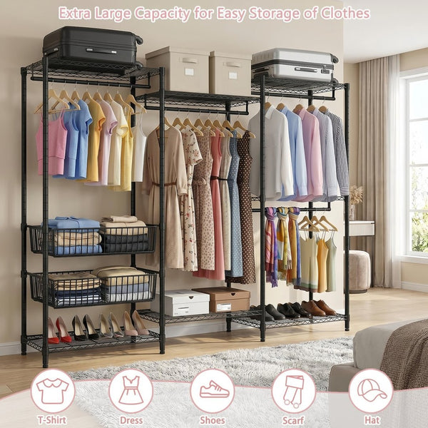 English Elm Heavy Carbon Steel Garment Rack with Four Rods Wire Baskets Open Wardrobe Storage W3204P504603
