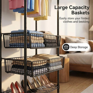 English Elm Heavy Carbon Steel Garment Rack with Four Rods Wire Baskets Open Wardrobe Storage W3204P504603