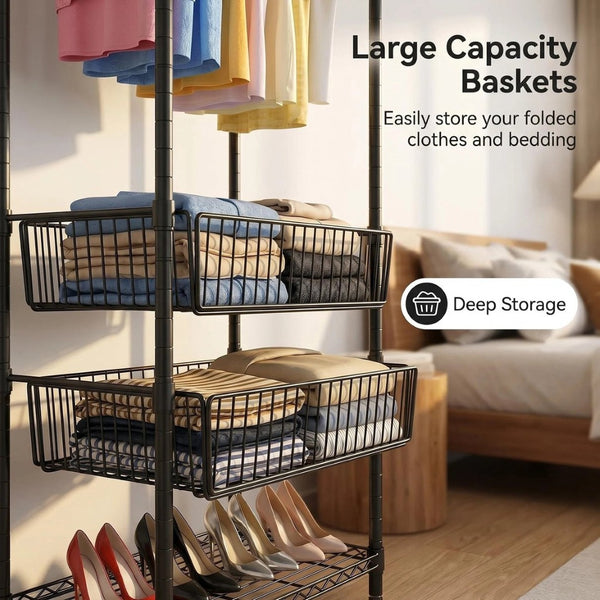 English Elm Heavy Carbon Steel Garment Rack with Four Rods Wire Baskets Open Wardrobe Storage W3204P504603