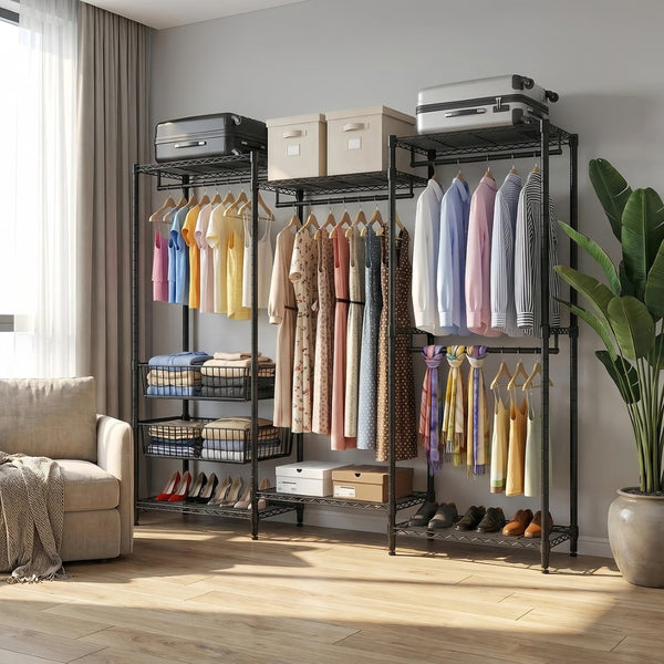 English Elm Heavy Carbon Steel Garment Rack with Four Rods Wire Baskets Open Wardrobe Storage W3204P504603