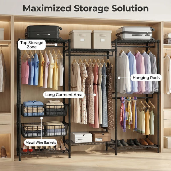 English Elm Heavy Carbon Steel Garment Rack with Four Rods Wire Baskets Open Wardrobe Storage W3204P504603