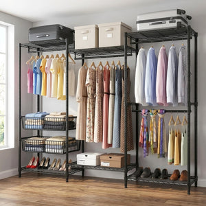 English Elm Heavy Carbon Steel Garment Rack with Four Rods Wire Baskets Open Wardrobe Storage W3204P504603