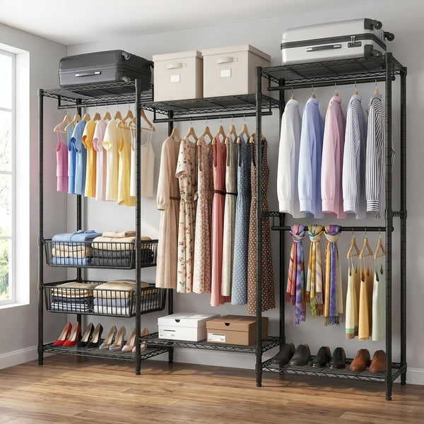 English Elm Heavy Carbon Steel Garment Rack with Four Rods Wire Baskets Open Wardrobe Storage W3204P504603
