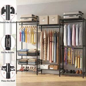 English Elm Heavy Carbon Steel Garment Rack with Four Rods Wire Baskets Open Wardrobe Storage W3204P504603