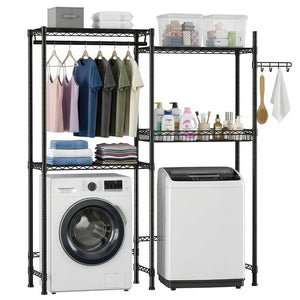 English Elm Over Washer Dryer 4 Tier Steel Shelving Unit with Wire Basket and Rotating Hook W3204P504604
