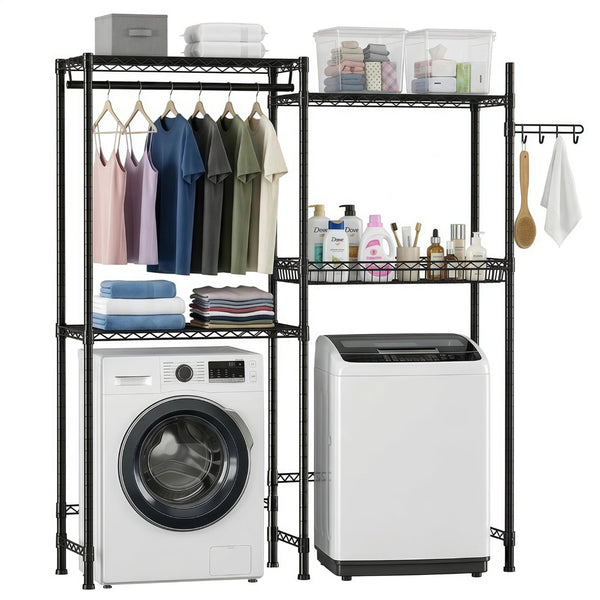 English Elm Over Washer Dryer 4 Tier Steel Shelving Unit with Wire Basket and Rotating Hook W3204P504604