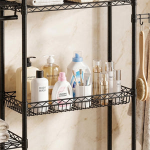 English Elm Over Washer Dryer 4 Tier Steel Shelving Unit with Wire Basket and Rotating Hook W3204P504604