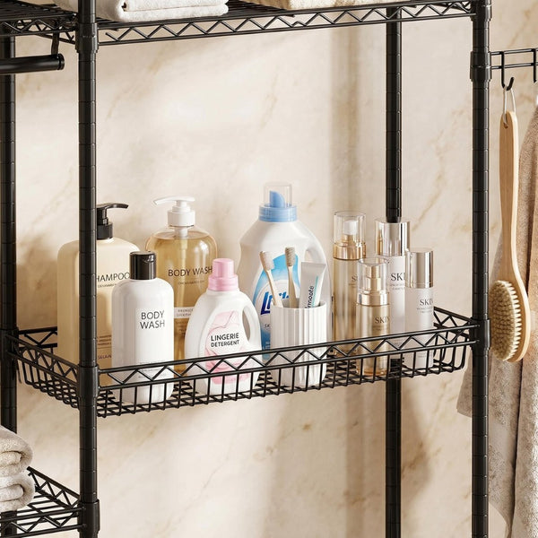 English Elm Over Washer Dryer 4 Tier Steel Shelving Unit with Wire Basket and Rotating Hook W3204P504604