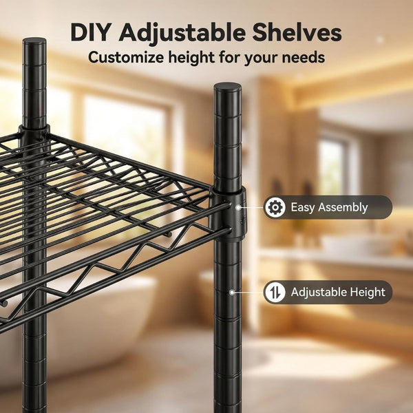 English Elm Over Washer Dryer 4 Tier Steel Shelving Unit with Wire Basket and Rotating Hook W3204P504604