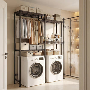 English Elm Over Washer Dryer 4 Tier Steel Shelving Unit with Wire Basket and Rotating Hook W3204P504604