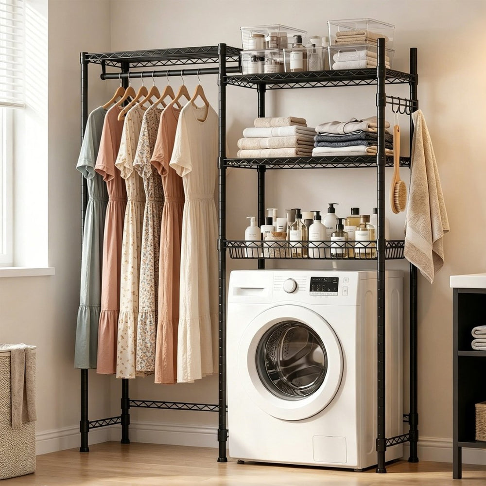English Elm Over Washer Dryer 4 Tier Steel Shelving Unit with Wire Basket and Rotating Hook W3204P504604