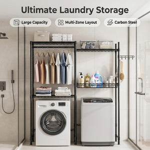 English Elm Over Washer Dryer 4 Tier Steel Shelving Unit with Wire Basket and Rotating Hook W3204P504604