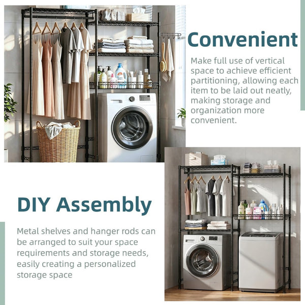 English Elm Over Washer Dryer 4 Tier Steel Shelving Unit with Wire Basket and Rotating Hook W3204P504604
